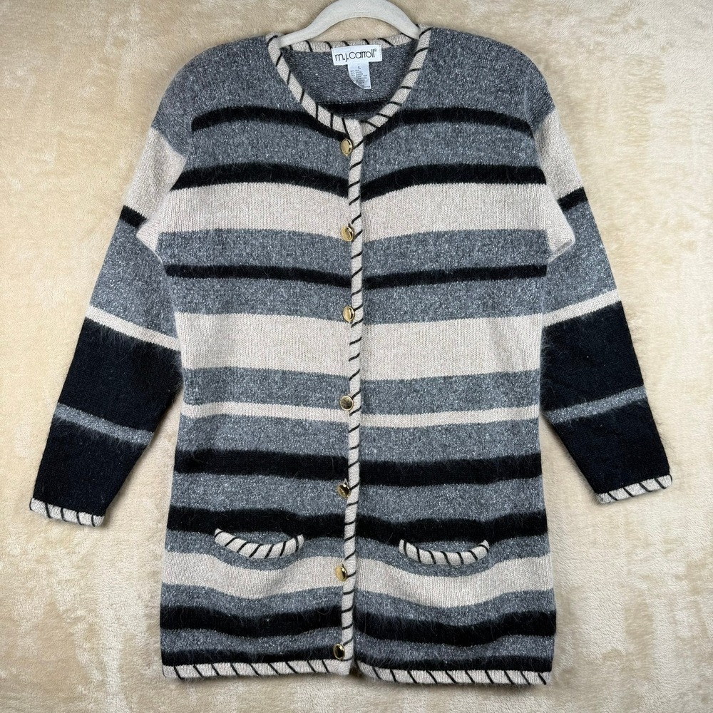 MJ Carroll Vintage Silk Angora Lambswool Striped Longline Cardigan Sweater Small